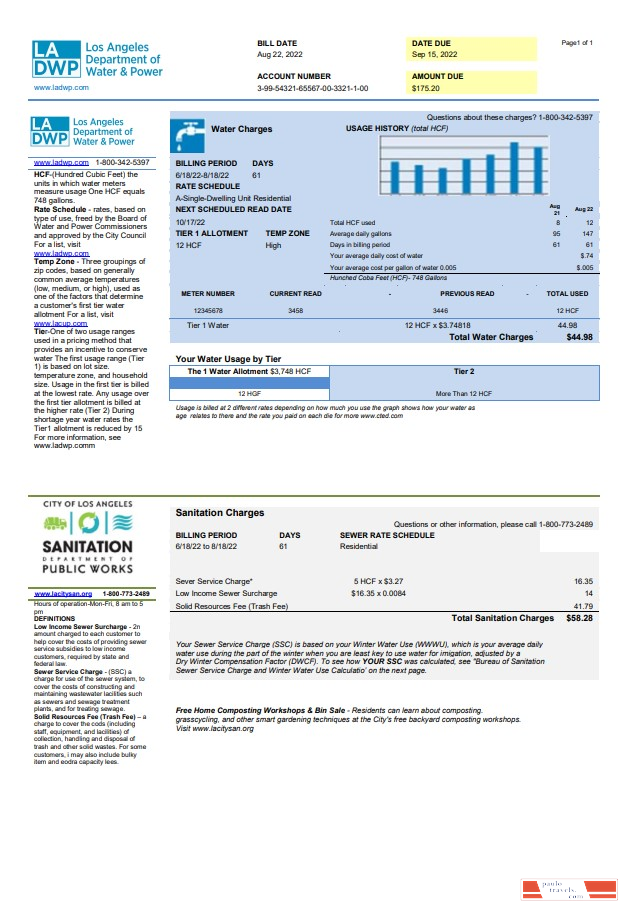 USA LA DWP utility bill template in Word and PDF format